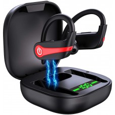 Donerton Wireless Earbuds, Bluetooth 5.1 Sport Headphones, 10Hours Single Playtime Earhooks Headset, Wireless Earphone 6D Stereo HiFi Sound Noise Cancelling for Working/Travel/Gym, Black Red